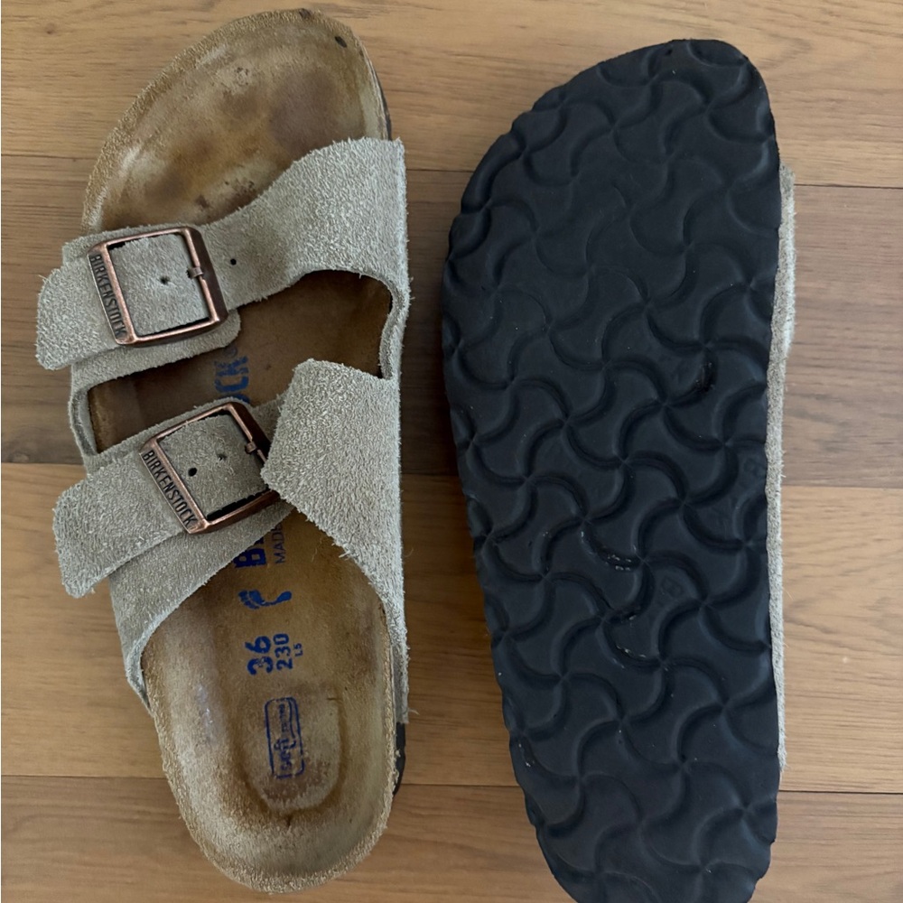 Birkenstock Arizona Taupe Suede Sandals with Black Soles